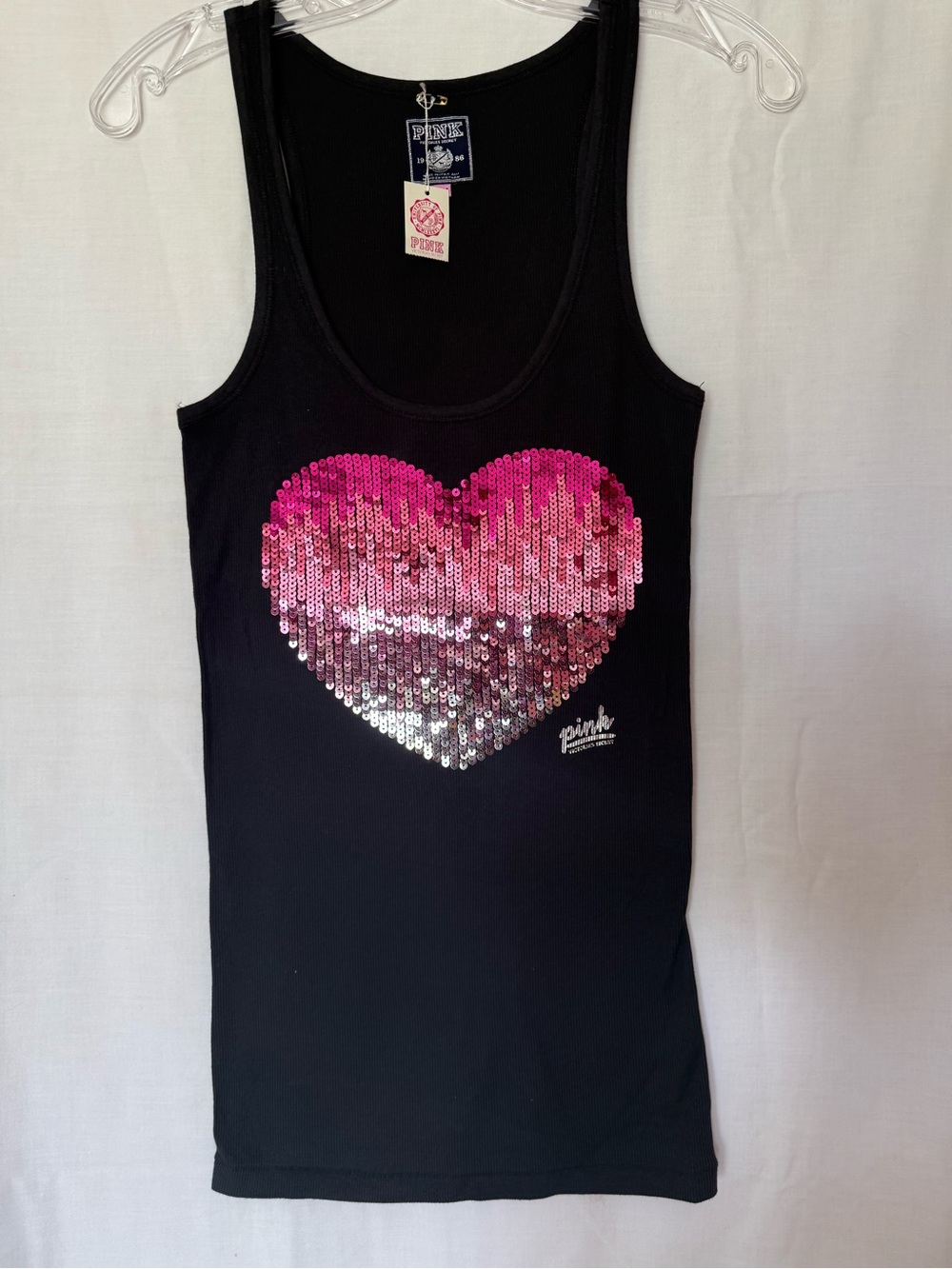 Vtg Y2K Victoria’s Secret PINK Black Ribbed Sequin Heart Tank Top M NWT